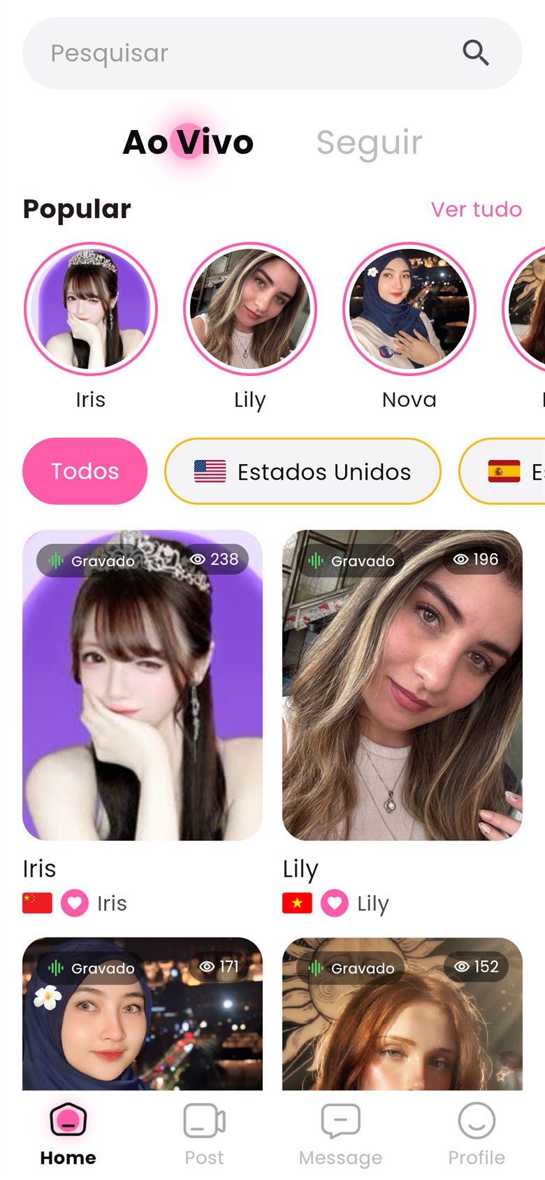 Tela inicial com lives populares