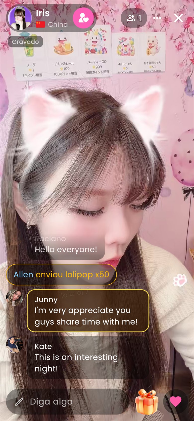 Sala ao vivo da Iris com chat e presentes